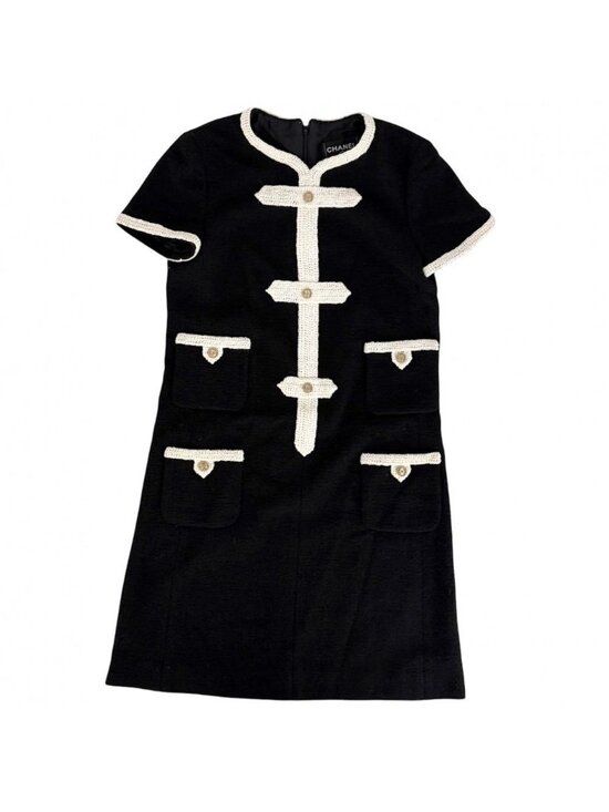 Chanel Dresses & Skirts - Chanel Dress Bicolor Short Sleeve CC Logo Vintage 38 Black Ivory Wool Nylon